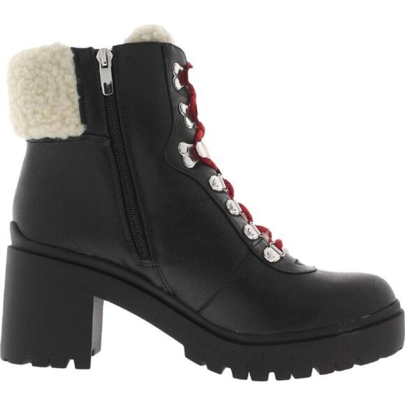 NIB Nine West Faux Fur Heeled Combat Boots in Black Size 8.5 - Picture 3 of 4
